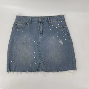 Blue Jean Denim Mini Skirt Pearl Beaded Distressed Raw Hem Juniors Size 9 CP